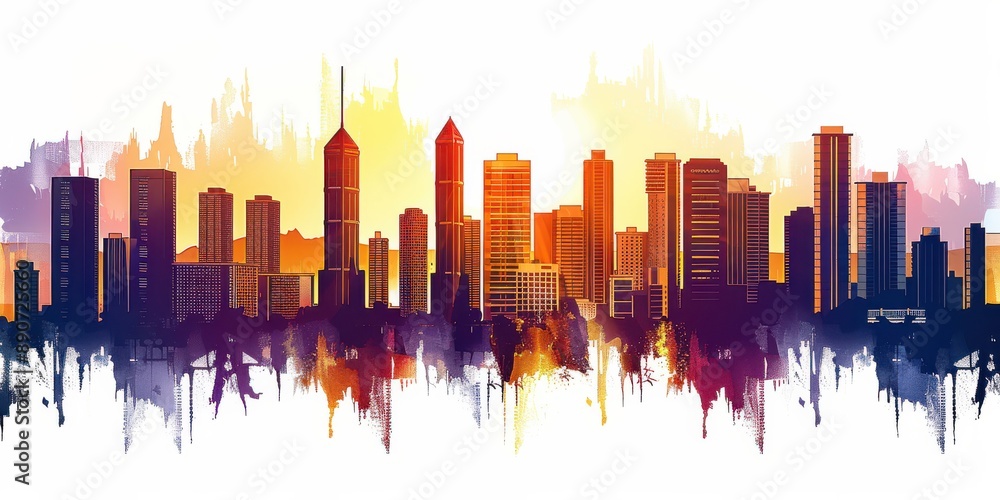 Vibrant silhouette of a city skyline in watercolor style capturing the essence of urban living at sunrise with stunning reflections Vibrant silhouette of a city skyline in watercolor style capturing the essence of urban living at sunrise with stunning reflections
