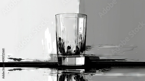   A monochrome image depicts a glass perched atop a shiny surface, reflecting its likeness onto the ground below photo