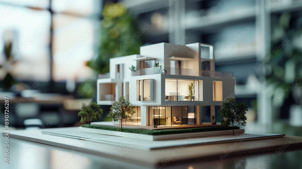 Businessman and futuristic 3d render model of a city houses or homes on a table in a real estate agency business office. Architecture building, residential property design, apartment housing concept Businessman and futuristic 3d render model of a city houses or homes on a table in a real estate agency business office. Architecture building, residential property design, apartment housing concept