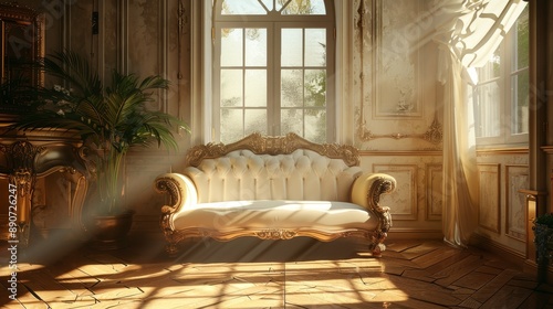 A luxurious vintage-style couch in an elegant room with sunlight filtering through tall windows, revealing ornate details and charm.