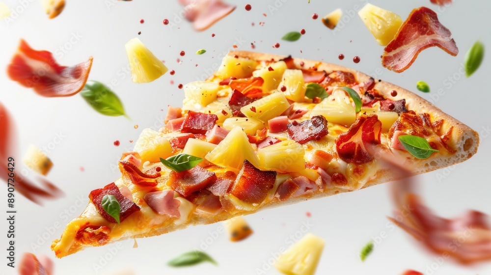 slice of fresh pineapple pizza isolated closeup view slice of fresh pineapple pizza isolated closeup view