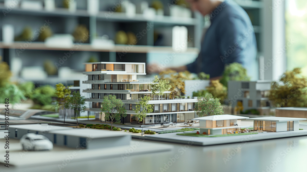 © Natali - Businessman and futuristic 3d render model of a city houses or homes on a table in a real estate agency business office. Architecture building, residential property design, apartment housing concept
