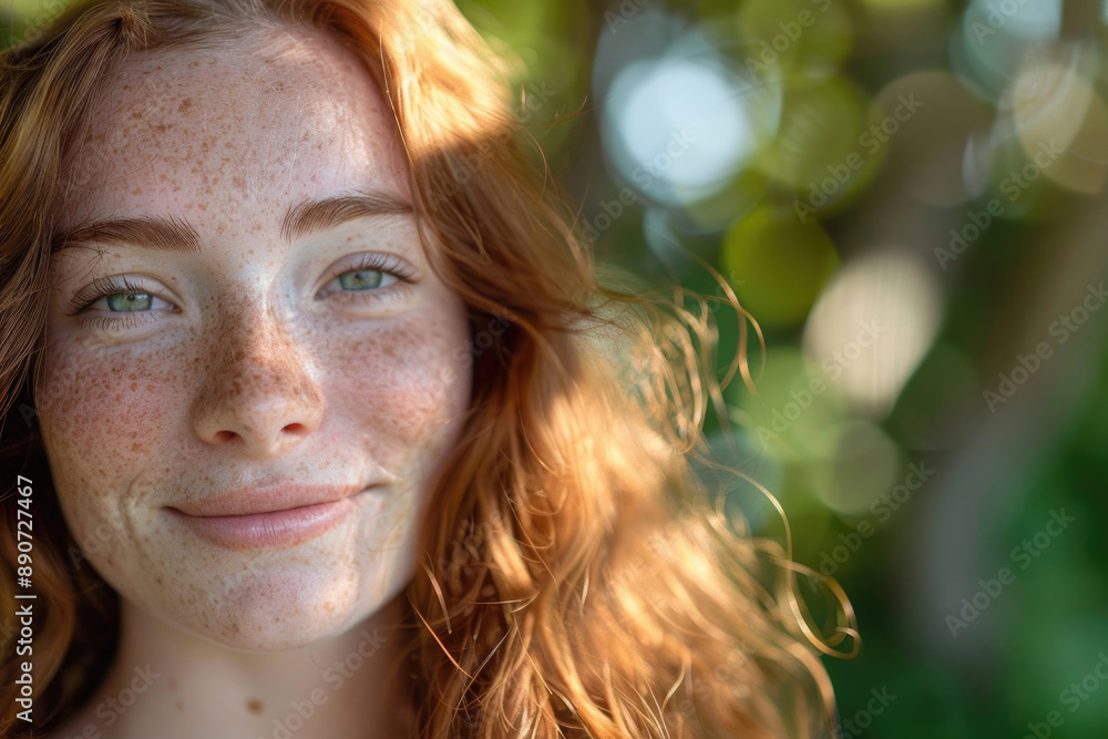 A young woman with freckles smiling in the sunlight, her natural beauty glowing A young woman with freckles smiling in the sunlight, her natural beauty glowing