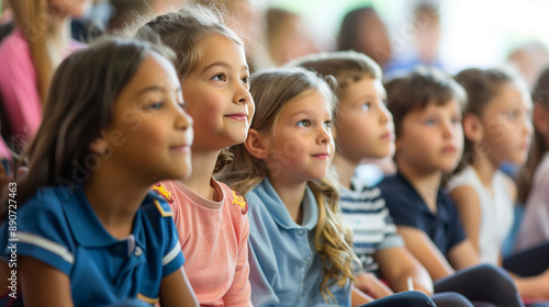 children participating in a school assembly, listening to the principal's welcome speech, School, Back to School, teacher, with copy space