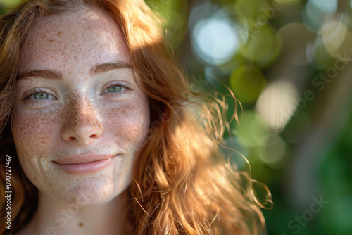 A young woman with freckles smiling in the sunlight, her natural beauty glowing