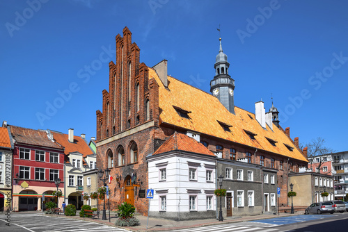 Old market square and Gothic town hall in Orneta, Warmian-Masurian Voivodeship, Poland.