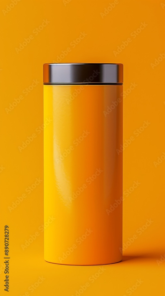 A tall, clear, and shiny yellow container sits on a bright orange background A tall, clear, and shiny yellow container sits on a bright orange background