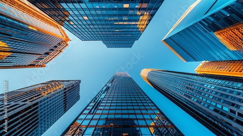 Lookup view of variety of corporates business high rise skyscrapers buildings with blue bright sky in central business district downtown photo