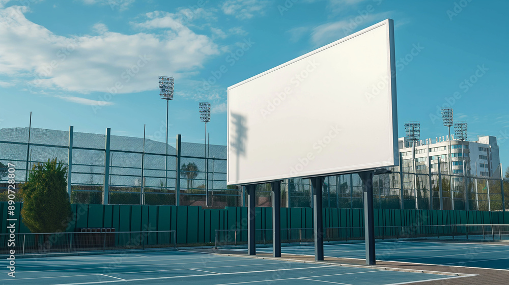 Empty white signboard mockup at a sports stadium entrance Empty white signboard mockup at a sports stadium entrance