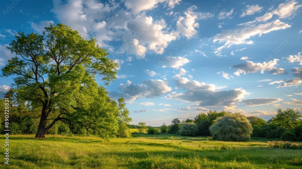 Obraz premium Sunny Meadow with Trees and Clouds