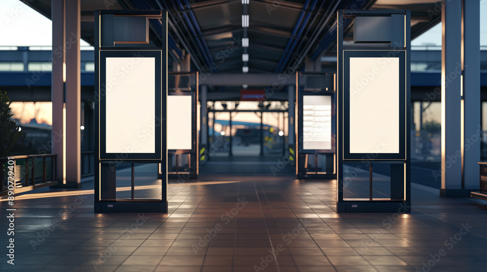 Empty white signboard mockup at a sports stadium entrance Empty white signboard mockup at a sports stadium entrance