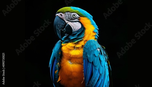 Blue And Yellow Macaw Isolated On Black Background. Studio Portrait Of Parrot In Focus.