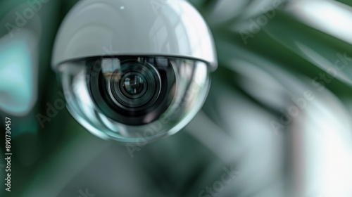 This image shows a close-up of a modern indoor surveillance camera, highlighting its lens with reflections and surrounded by a blurred green background, emphasizing security and technology. photo