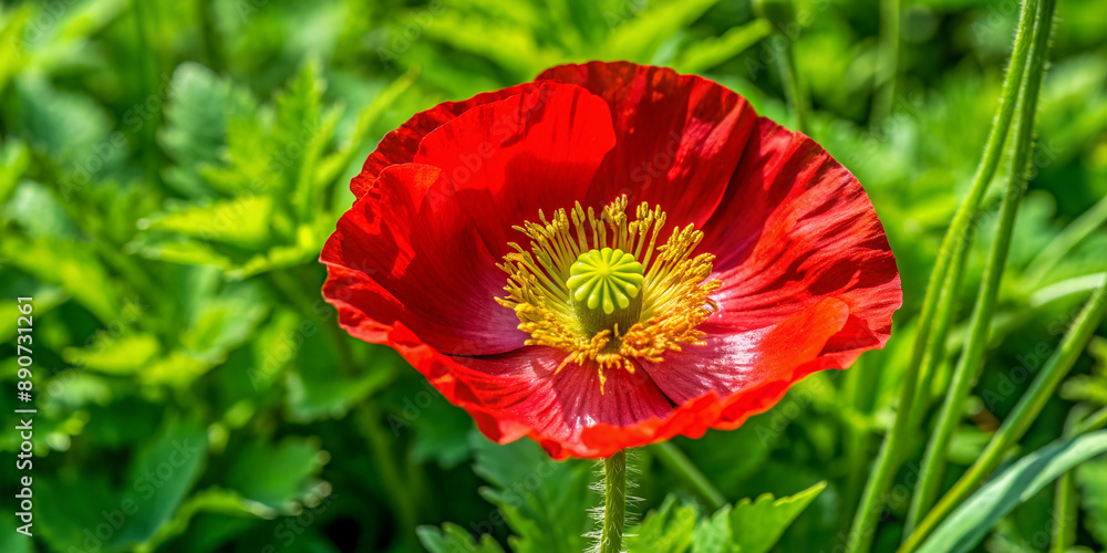 Obraz premium Vibrant red poppy flower with delicate petals and golden stamens, viewed from below, set against a lush green background with soft, natural lighting.