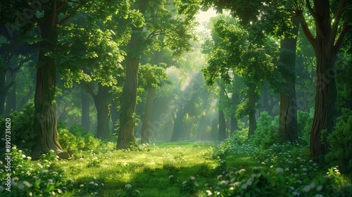 A sunlit forest path surrounded by lush green foliage and wildflowers, creating an inviting and tranquil natural escape.