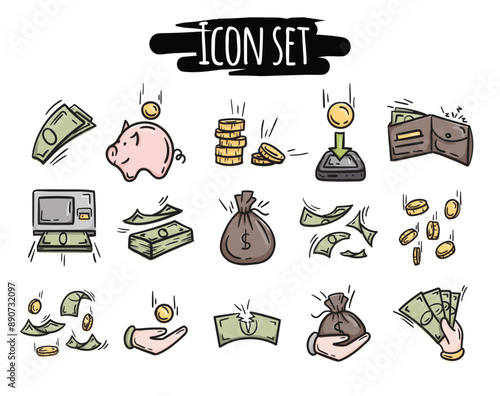 Simple vector set of icons related to money, business, finance, sales, shares. Hand drawn illustration. Signs and symbols for design.