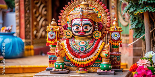 Wallpaper Mural Intricately carved wooden idol of Lord Jagannath, adorned with vibrant colors and ornaments, sits serenely on a decorative pedestal, awaiting devotion and worship. Torontodigital.ca