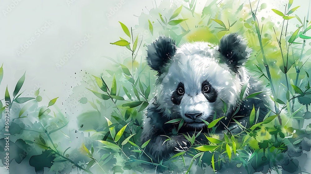 A watercolor painting of a panda sitting in a field of bamboo, happily ...