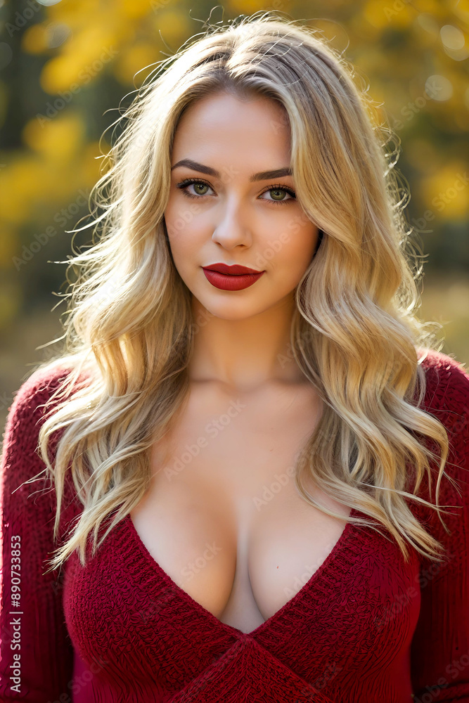 very beautiful blonde woman with long hair, wearing a red wool sweater with a plunging neckline, outdoors, with a tree with autumnal leaves blurred in the background. very beautiful blonde woman with long hair, wearing a red wool sweater with a plunging neckline, outdoors, with a tree with autumnal leaves blurred in the background.