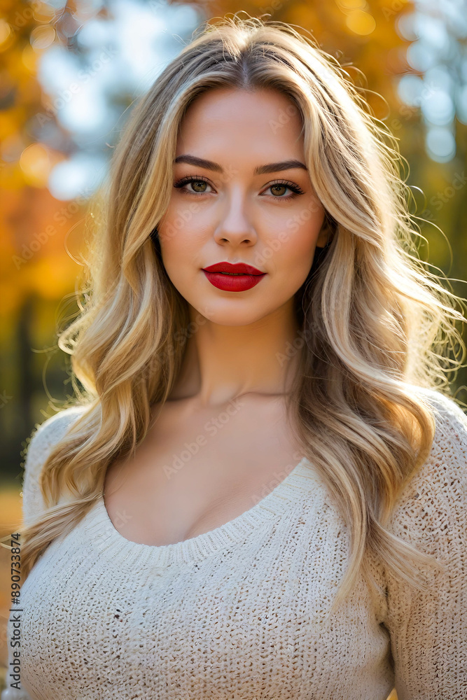 Beautiful young blonde woman with long hair and wool sweater in autumn landscape. Beautiful young blonde woman with long hair and wool sweater in autumn landscape.