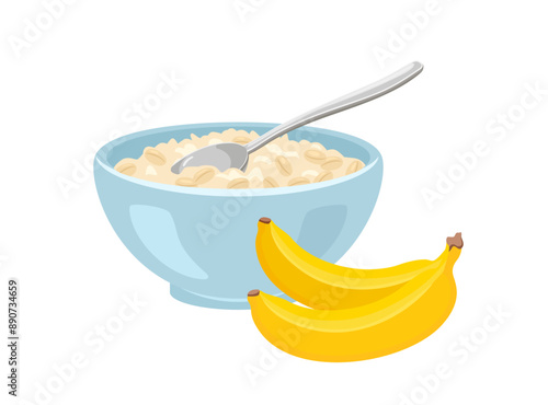 Oatmeal with banana in bowl. Spoon in porridge. Vector cartoon flat illustration of healthy breakfast.