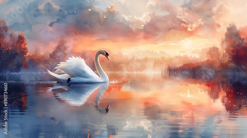 Fototapeta Naklejka Na Ścianę i Meble -  A watercolor painting of a serene swan gliding across a still lake at sunset, with the sky painted in shades of orange, pink, and purple.