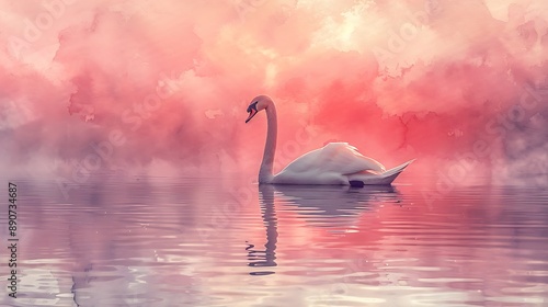 A watercolor painting of a serene swan on a still lake at sunset, with the sky painted in a gradient of pink, orange, and purple. photo