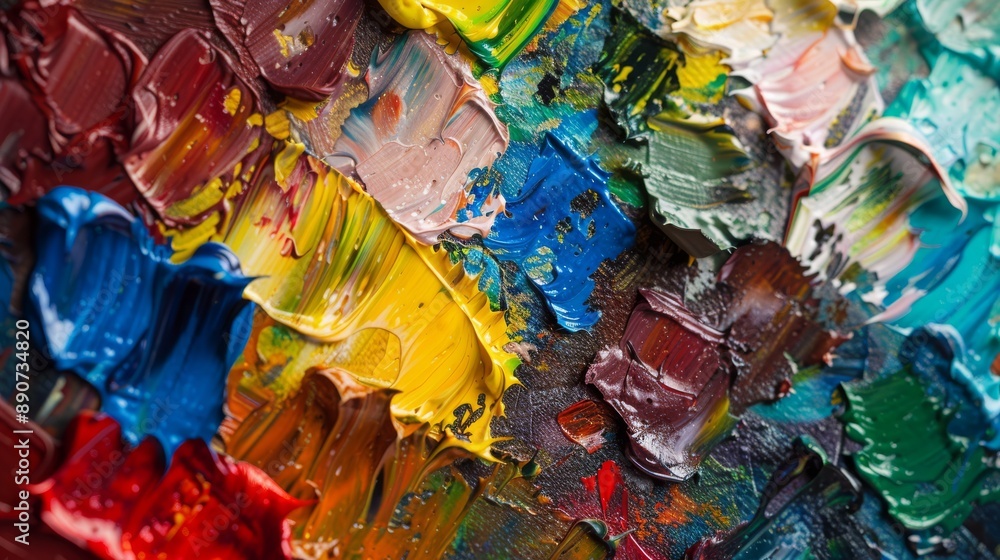 Fototapeta premium Close-up texture of vibrant abstract oil paint in various colors on a canvas, showcasing brushstrokes.