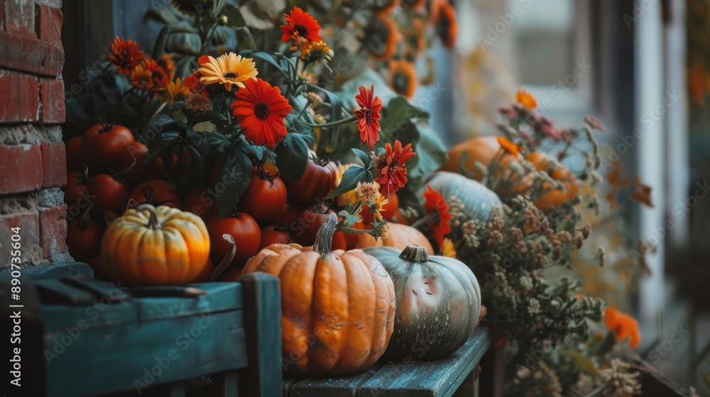 A table with pumpkins and flowers on it A table with pumpkins and flowers on it
