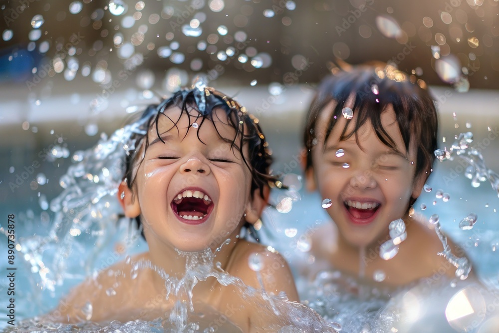 Two young children are playing in a pool, splashing water and laughing Two young children are playing in a pool, splashing water and laughing