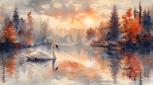 Fototapeta Naklejka Na Ścianę i Meble -  A watercolor painting of a swan gliding effortlessly across a serene lake at sunset, with the sky ablaze in warm tones.