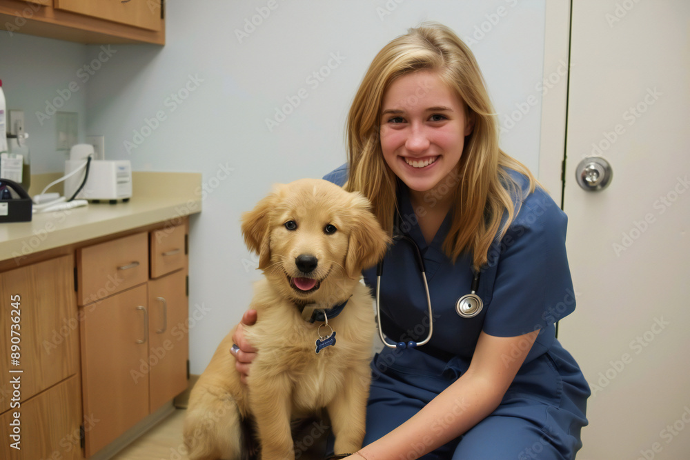 Photo of a nurse in blue overalls sitting next to a golden retriever puppy. Veterinary clinic - a medical and preventive institution for the provision of veterinary care to sick animals Photo of a nurse in blue overalls sitting next to a golden retriever puppy. Veterinary clinic - a medical and preventive institution for the provision of veterinary care to sick animals