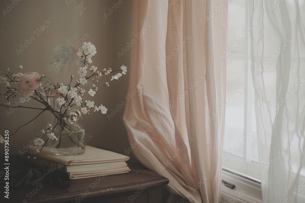 A vase of flowers sits on a table next to a stack of books A vase of flowers sits on a table next to a stack of books