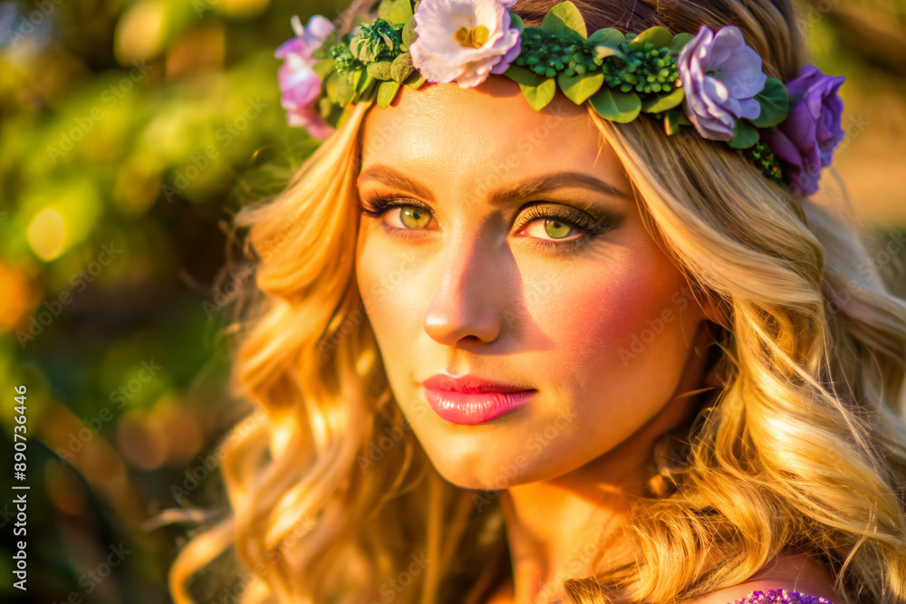 Vibrant green backdrop showcases a stunning beauty with wavy blond locks, delicate floral headband, and piercing green eyes, gazing over her shoulder in serene elegance. Vibrant green backdrop showcases a stunning beauty with wavy blond locks, delicate floral headband, and piercing green eyes, gazing over her shoulder in serene elegance.