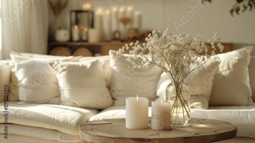 An airy living room features white decor, soft lighting, and flowers, providing a serene and peaceful home ambiance.