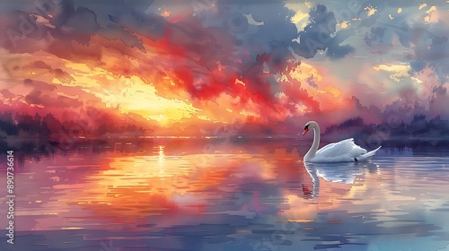 Fototapeta Naklejka Na Ścianę i Meble -  A watercolor painting of a swan swimming peacefully across a serene lake at sunset, with the sky painted in rich shades of gold, pink, and lavender.