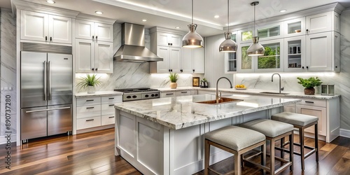 Modern white kitchen with marble countertops, stainless steel appliances, and sleek finishes, kitchen, trendy, appliances, marble, countertops