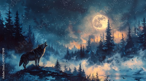 A watercolor painting of a wolf howling at the full moon, with the moon casting a luminous glow over the snow-covered landscape.