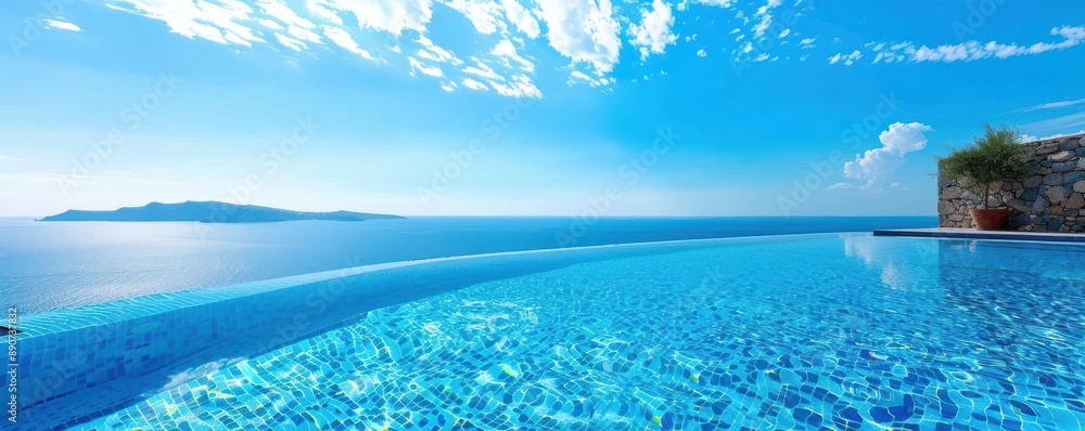 Obraz premium A beautiful blue pool with a tree in the background. Free copy space for text.