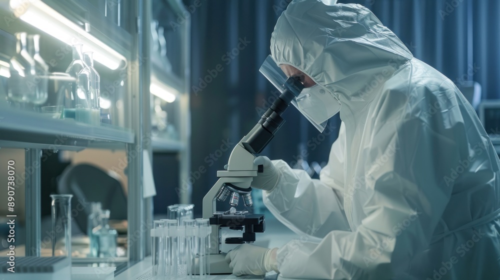 Scientist Examining Under Microscope in Laboratory Scientist Examining Under Microscope in Laboratory