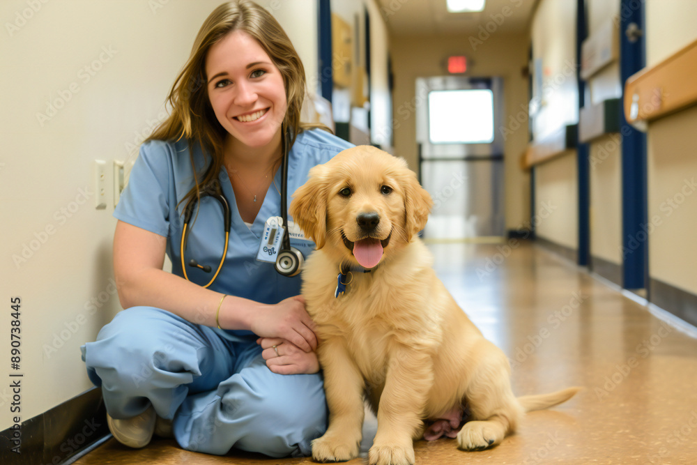 Photo of a nurse in blue overalls sitting next to a golden retriever puppy. Veterinary clinic - a medical and preventive institution for the provision of veterinary care to sick animals Photo of a nurse in blue overalls sitting next to a golden retriever puppy. Veterinary clinic - a medical and preventive institution for the provision of veterinary care to sick animals