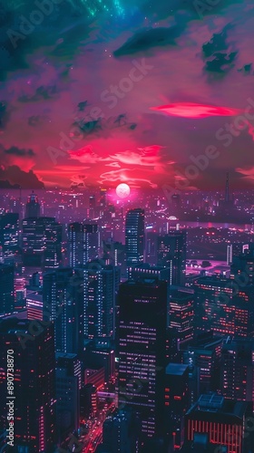 A dazzling city scene under a striking pink sunset with bright lights, showcasing a futuristic urban landscape. photo