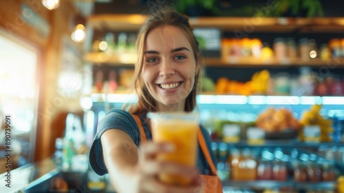 A worker holding a glass of fresh fruit juice drink in a fruit drink store