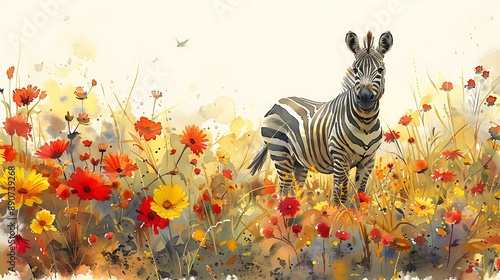 Fototapeta Naklejka Na Ścianę i Meble -  A watercolor painting of a zebra standing in a vibrant green meadow, surrounded by blooming flowers and a clear, sunny sky.
