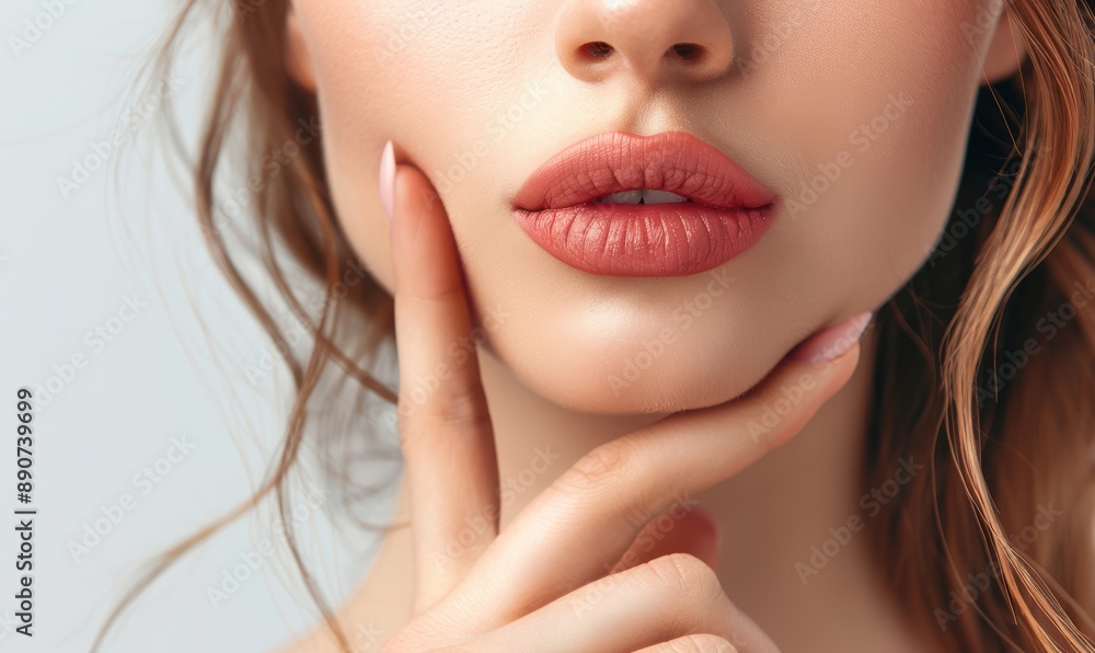Obraz premium Woman touching her red lips, showcasing perfect lip makeup. Free copy space for text.