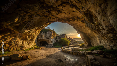 Wallpaper Mural Massive hollowed out rock cave with arched entrance, rugged stone walls, and rough textured floor, set amidst a serene natural landscape at dawn. Torontodigital.ca