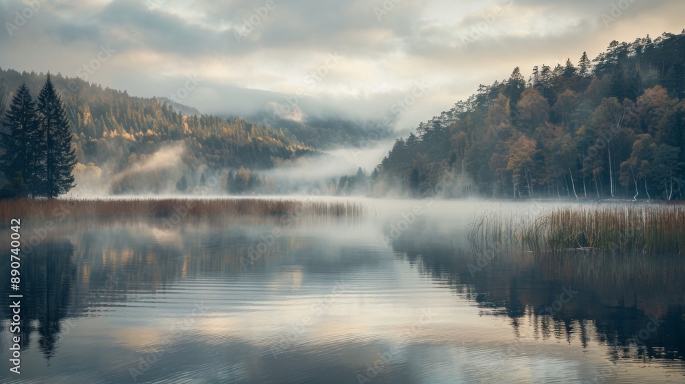 Fototapeta premium A foggy morning with mist rising from a lake, creating a serene and tranquil landscape