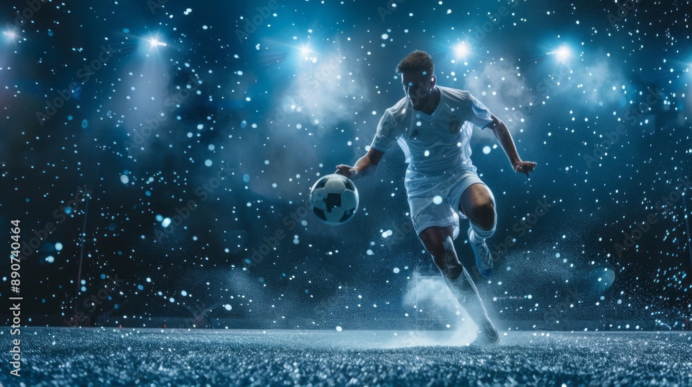 A soccer player is running with a soccer ball in his hand A soccer player is running with a soccer ball in his hand