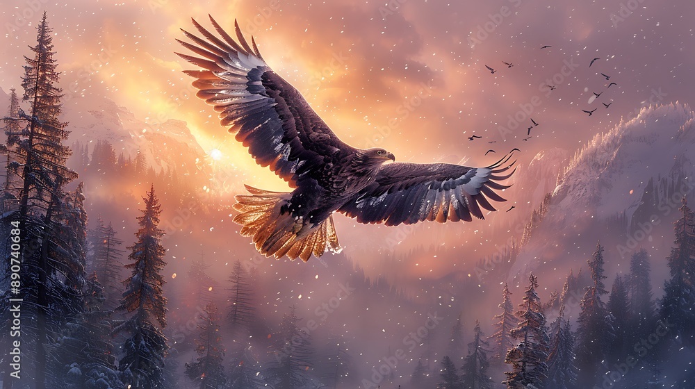 Obraz premium A watercolor painting of an eagle soaring majestically above snow-covered mountains at sunrise, with the first light of day casting a pink and orange glow on the landscape.