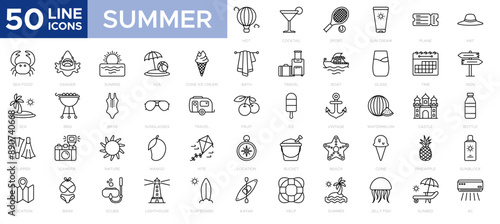 Summer icon set Travel, beach, tourism, summer holidays, hotel, relax, beach, luggage, passport, sunglasses. Vector illustration